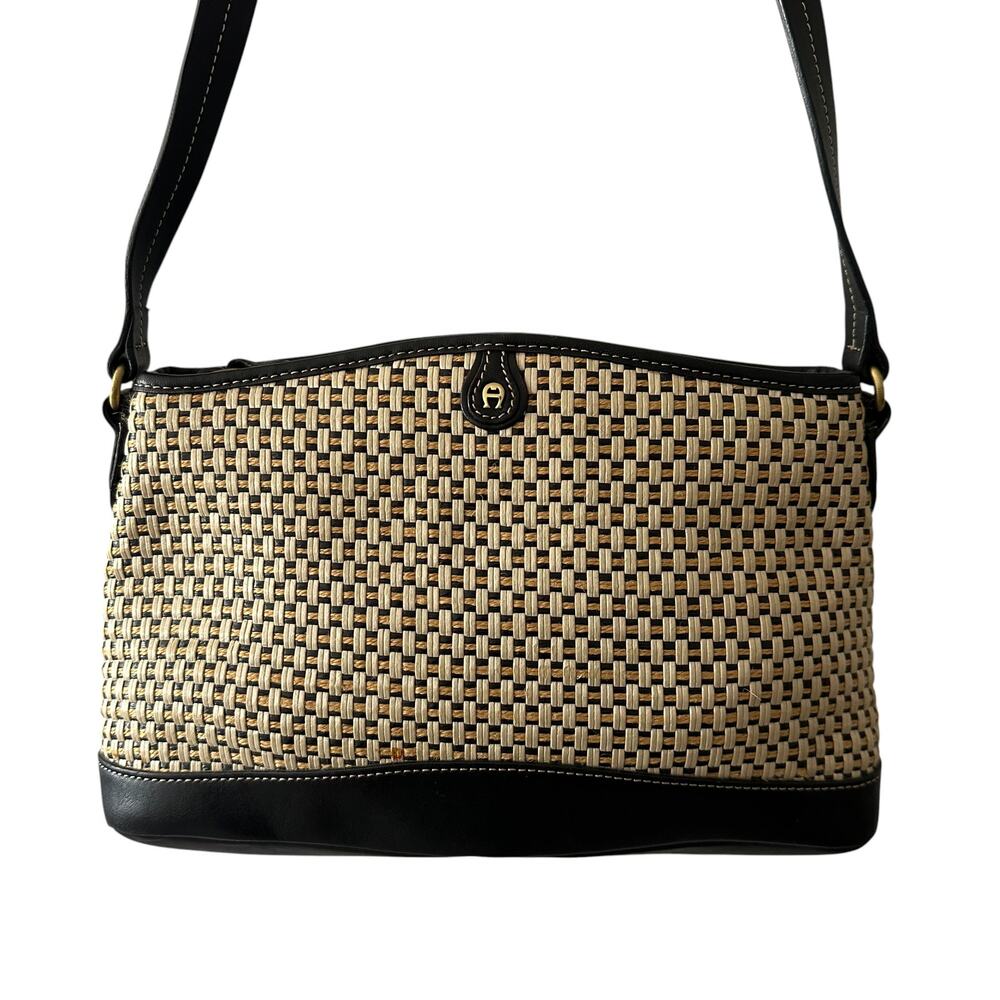 Etienne Aigner Straw & Black Leather Vintage Bag Shoulder Handbag Purse
